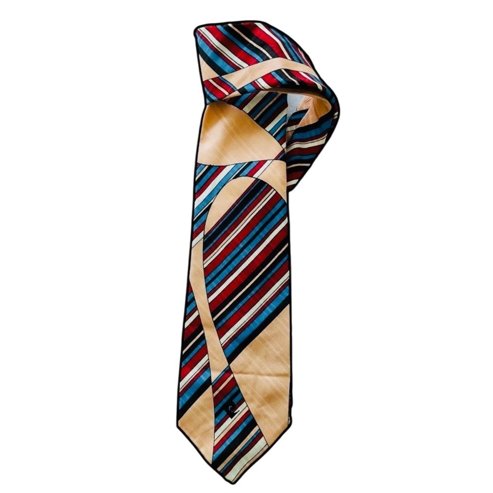 Vintage Pierre Cardin Silk Tie Geometric Stripe 100% Silk Red Blue Tan